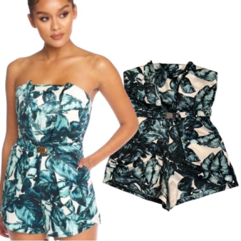 Luxxel Leaf Print Tropical Women's Strapless Romper Size Medium